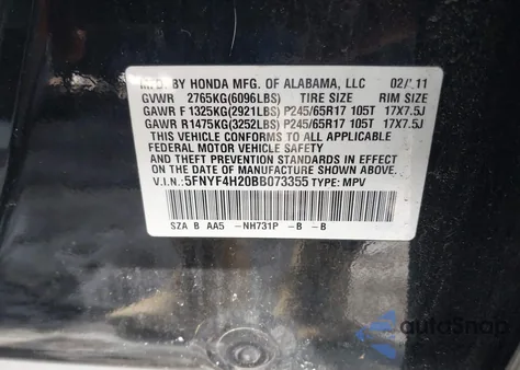 2011 Honda Pilot Lx из США, поврежденный, VIN 5FNYF4H20BB073355